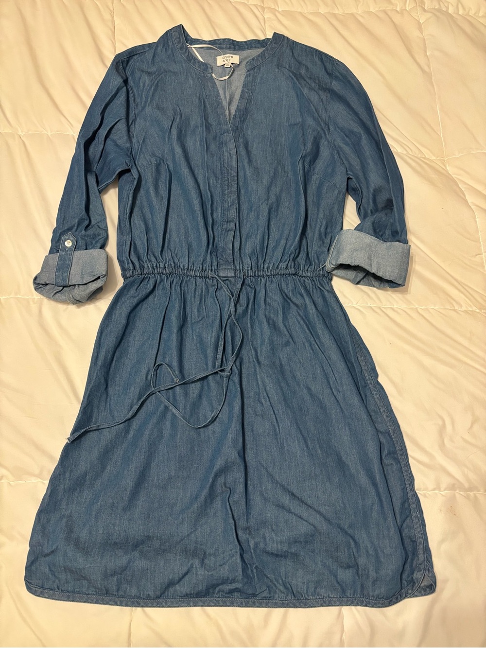 crown & ivy Chambray Blue Drawstring Waist Shirt Dress
